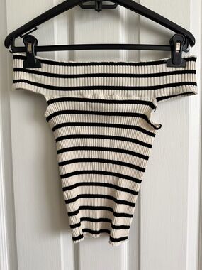Zara Black & White Striped Off-Shoulder Ribbed Top
